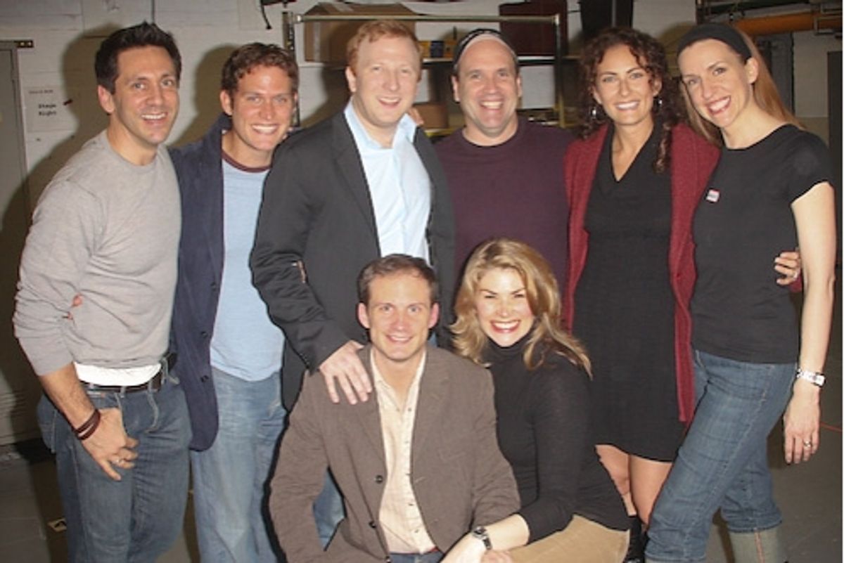Michael Berresse, Steven Pasquale, Hunter Bell, Larry Pressgrove, Laura Benanti, Susan Blackwell, (front) Jeff Bowen and Heidi Blickenstaff at 