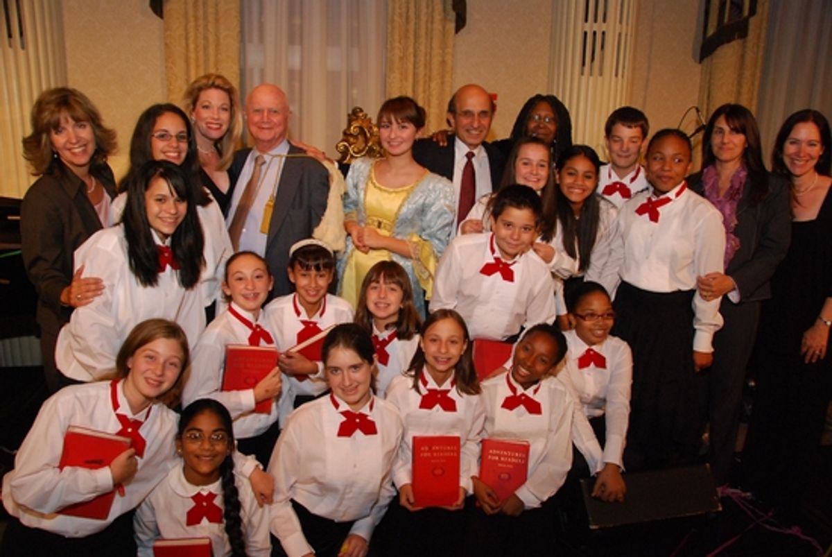 Students from Marine Park Intermediate School 278 with Marin Mazzie, Gerald Schoenfeld, Joel Klein, and Whoopi Goldberg
 at 