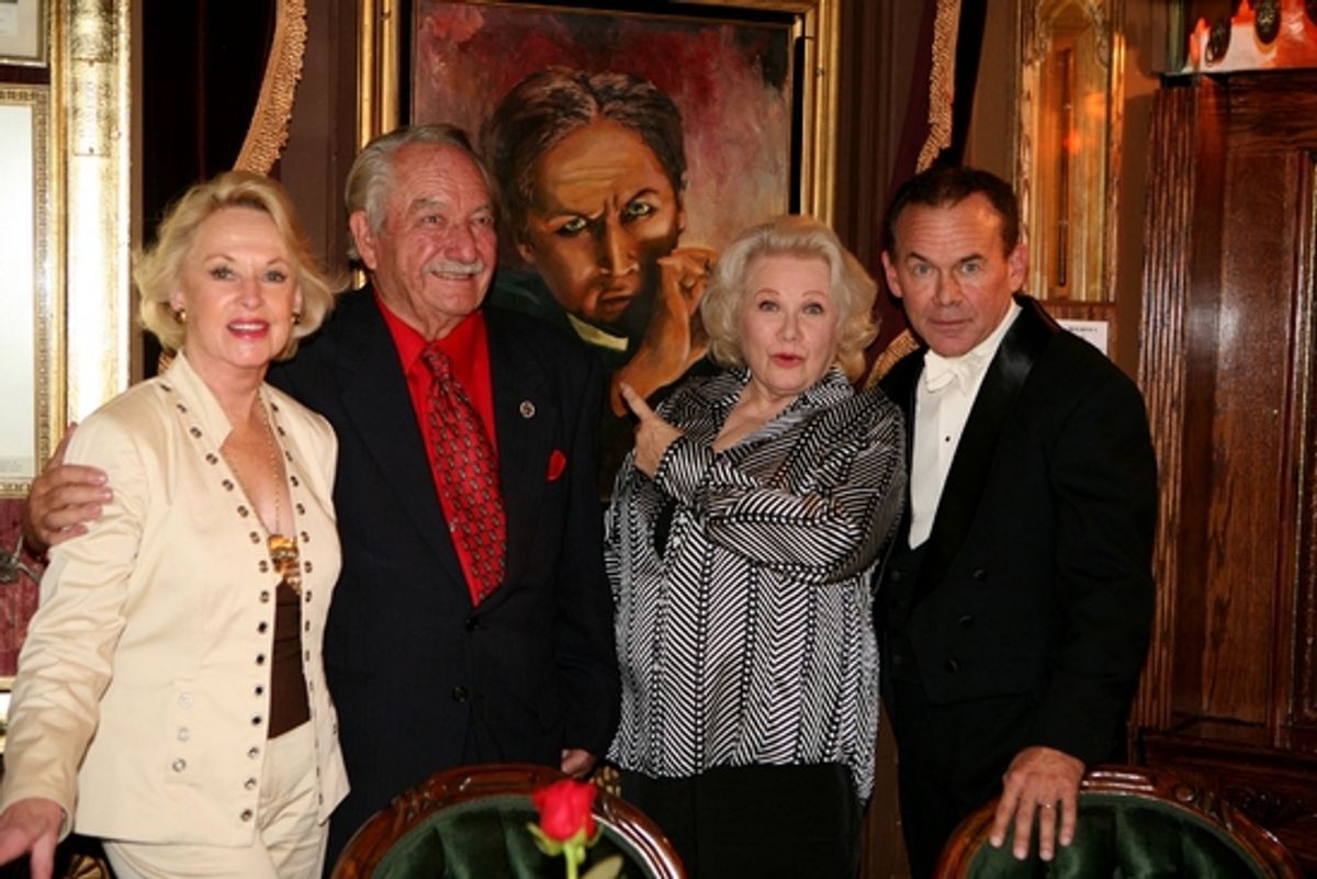 Tippi Hedren, Milt Larsen, Irene Larsen and magician Jim Bentley in the newly refurbished Houdini Seance Room (Image of Harry Houdini looks over their shoulders). at 