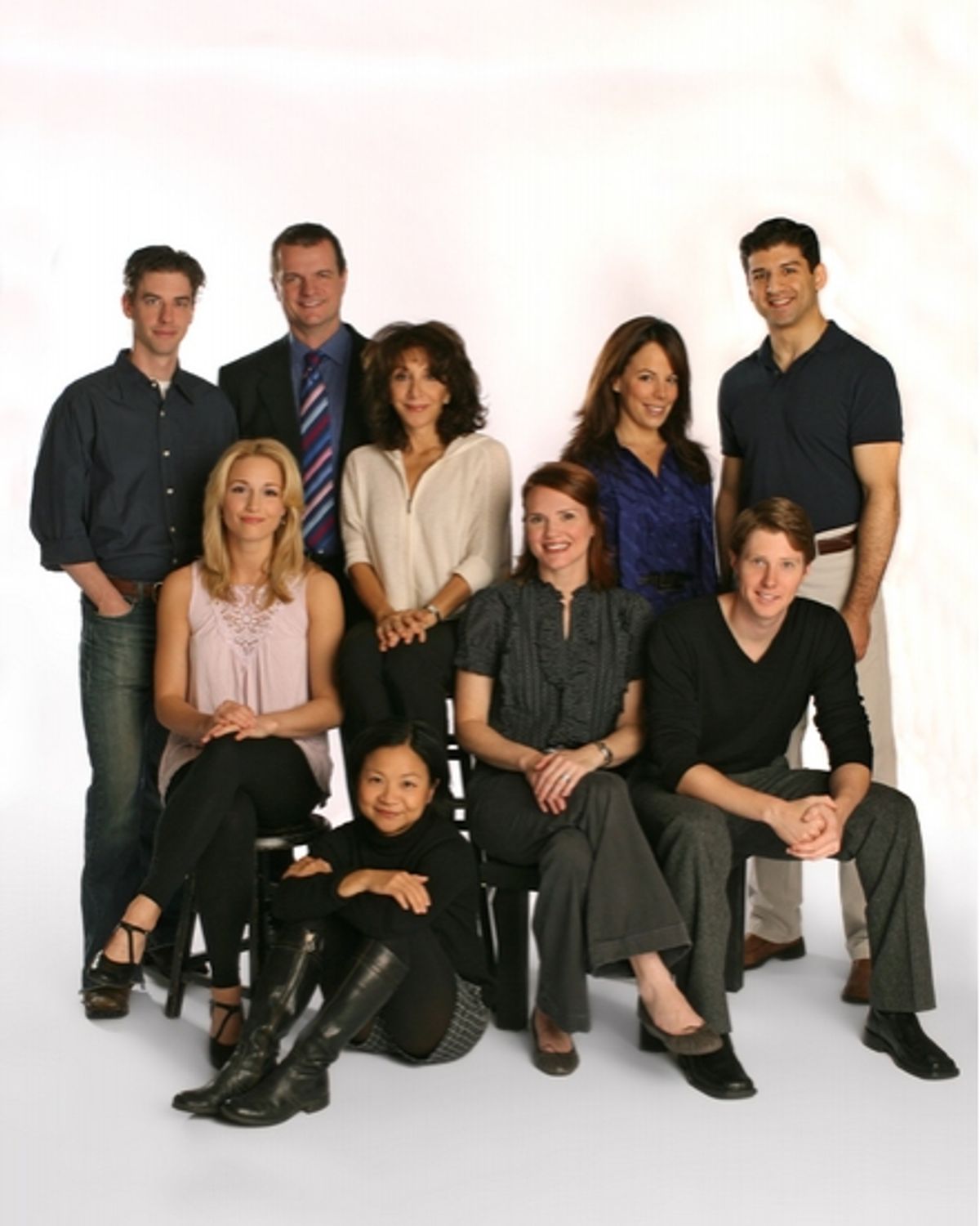       Christian Borle, Michael Cumpsty, Andrea Martin, Leslie Kritzer, Tony Yazbeck        Middle Row: Jessica Lee Goldyn, Jennifer Laura Thompson, Justin Bohon        Seated, floor: Julyana Soelistyo at 