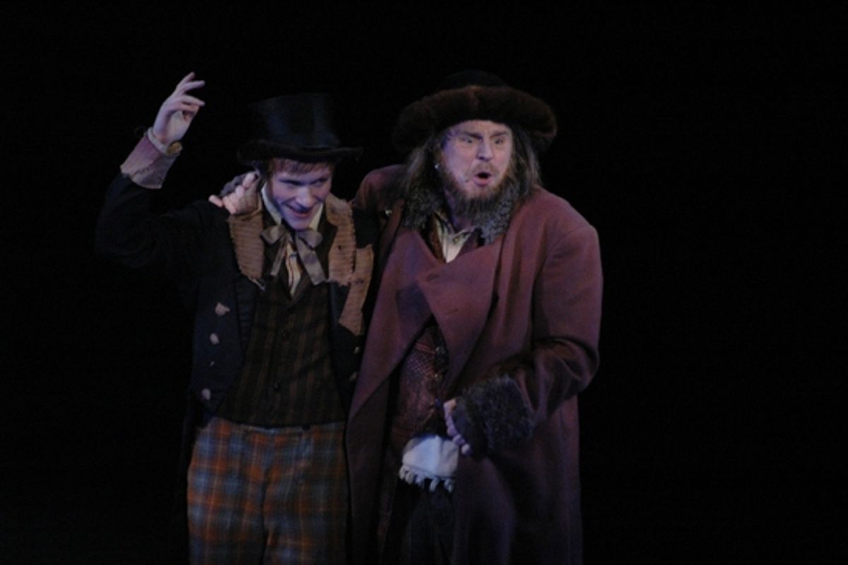 Jason Edward Cook (Artful Dodger) and Sidney J. Burgoyne (Fagin) Reviewing the Situation before bringing the cast on for curtain call at OLIVER! at the White Plains Peforming Arts Center