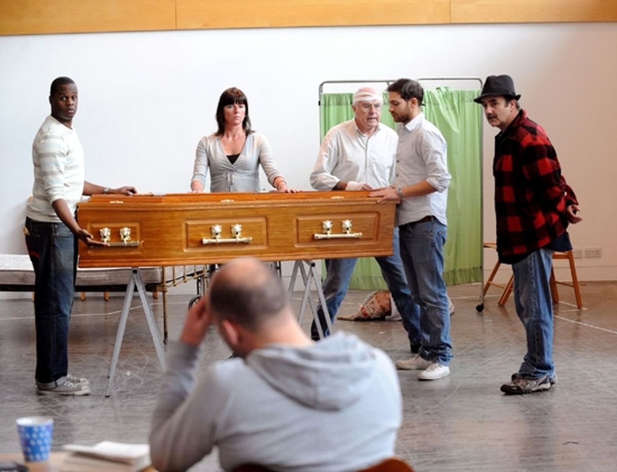 Javone Prince, Doon Mackichan, James Hayes, Matt Di Angelo, and David Haig in front director of Loot Sean Holmes at 