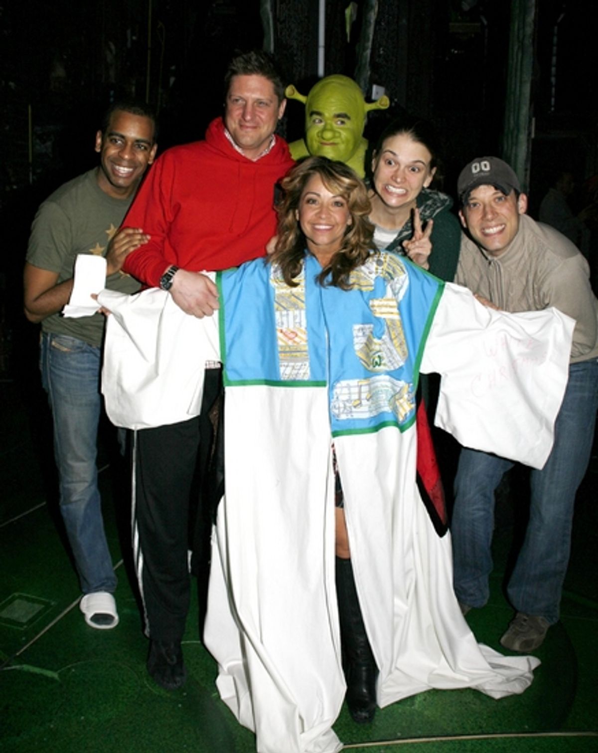 Daniel Breaker, Christopher Sieber, Jennifer Cody, Brian d'Arcy James, Sutton Foster and John Tartaglia at 