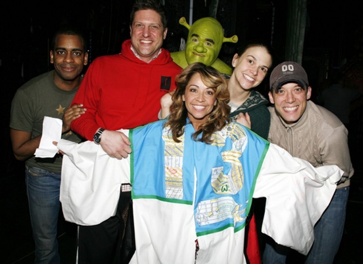 Daniel Breaker, Christopher Sieber, Jennifer Cody, Brian d'Arcy James, Sutton Foster and John Tartaglia at 
