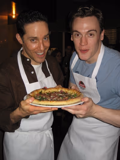 Jeff Leibow and Erich Bergen with their finished pizza pie - 'Gyp's Basement Pizza' Photo