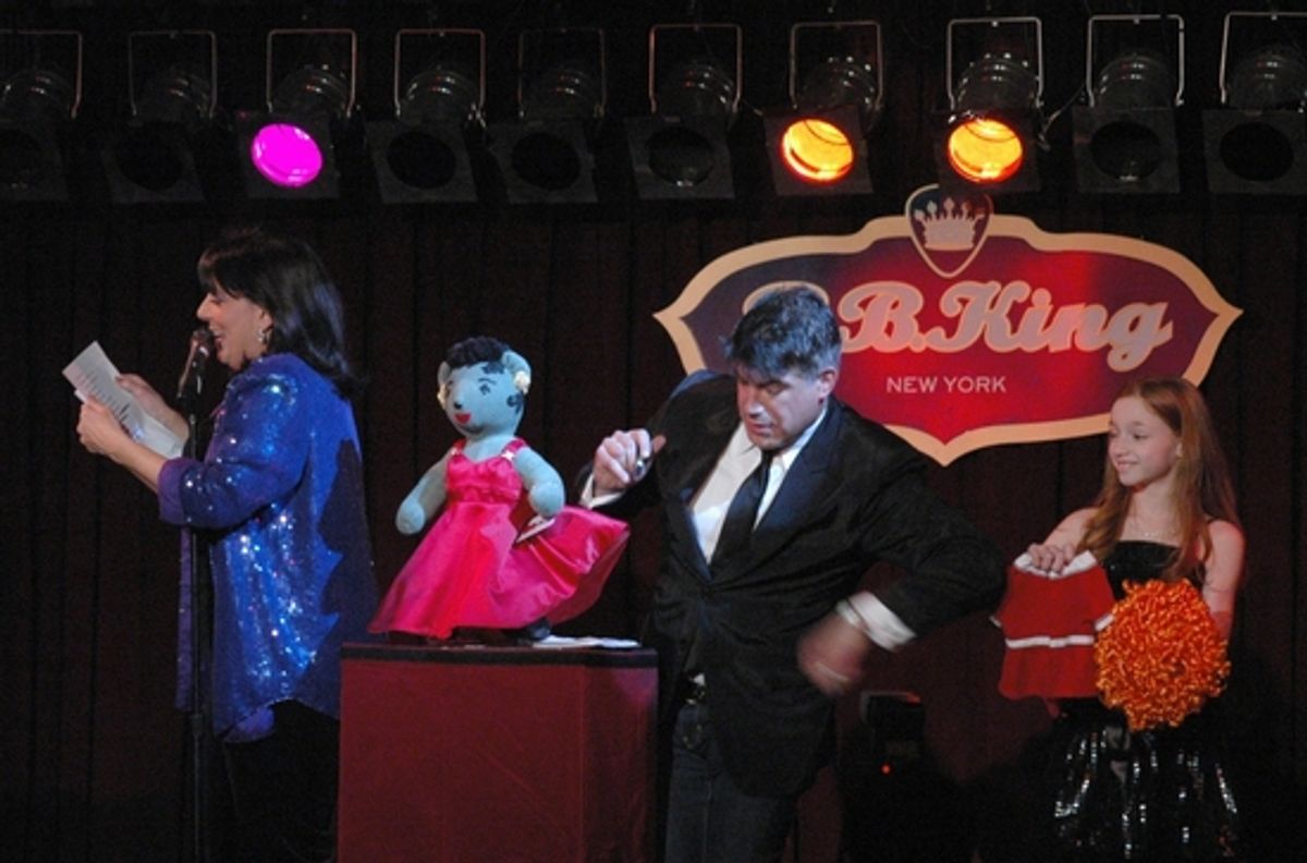 Christine Pedi sings while Bryan Batt and Catherine Hurlin show the Forbidden Broadway Bear at Broadway Bears XII - The Auction