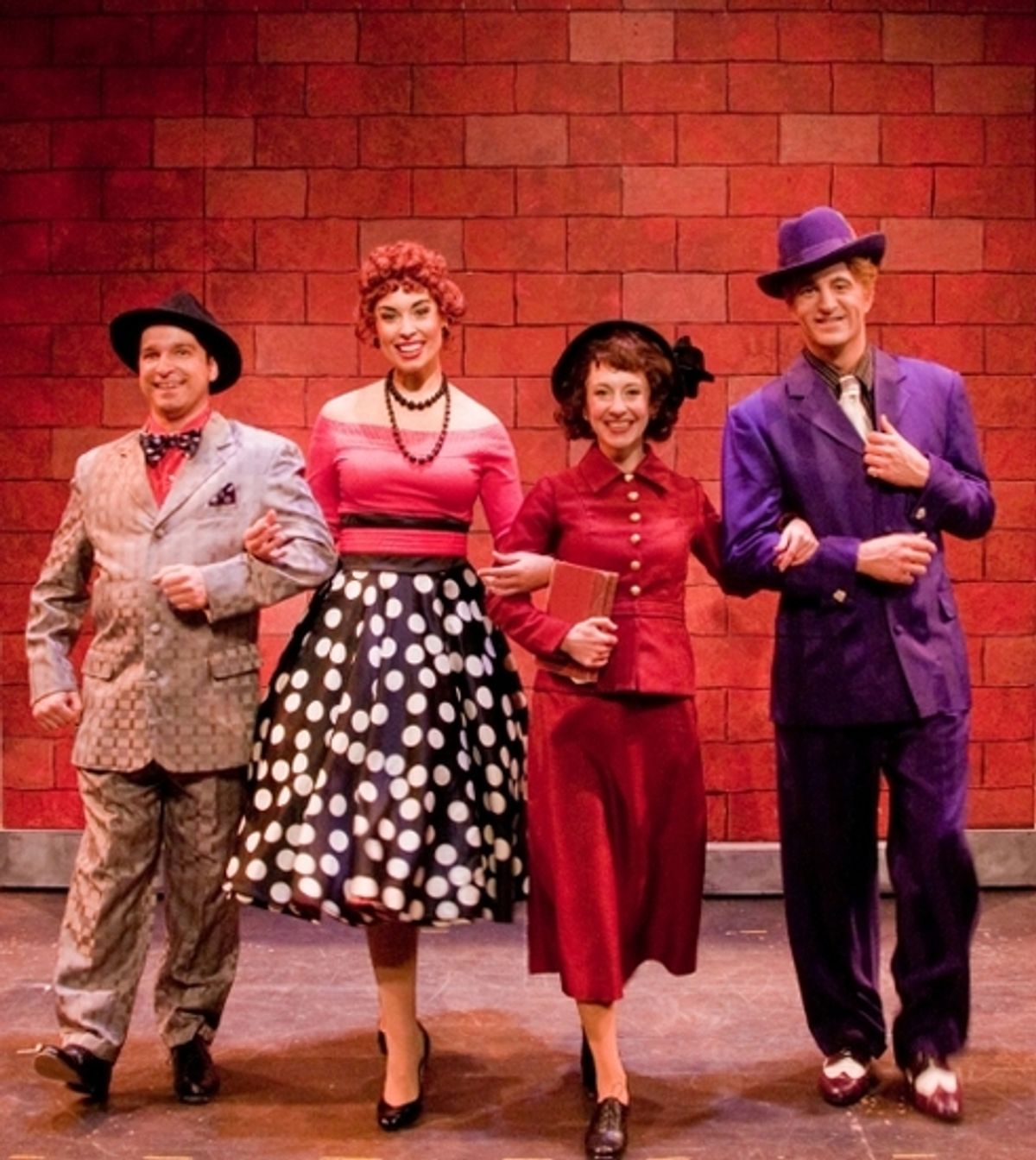 L to R : Nathan Detroit (Michael Hedges), Miss Adelaide (Erin OÃ¢â‚¬â„¢Neil), Sarah Brown (Jeannie Shubitz) Sky Masterson (Mark DiConzo) at 