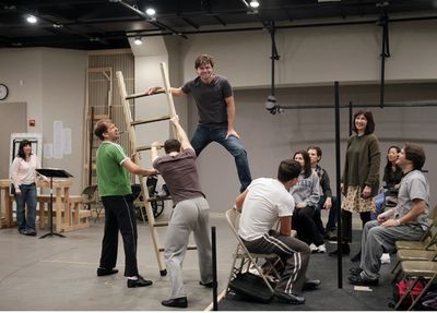 Hunter Foster,  Joanna Gleason, Robert Petkoff and the cast of HAPPINESS Photo