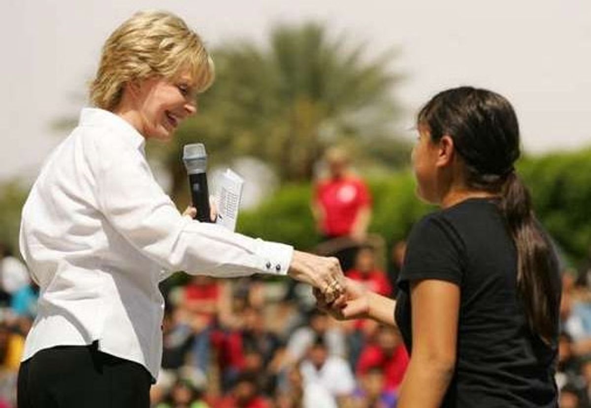Florence Henderson gives a young lady her own earings as a Birthday present at 