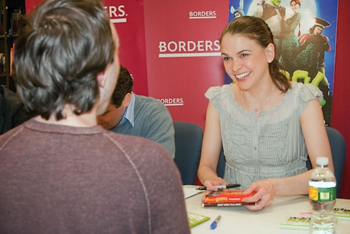 Sutton Foster is given a gift of chocolates by a fan at 