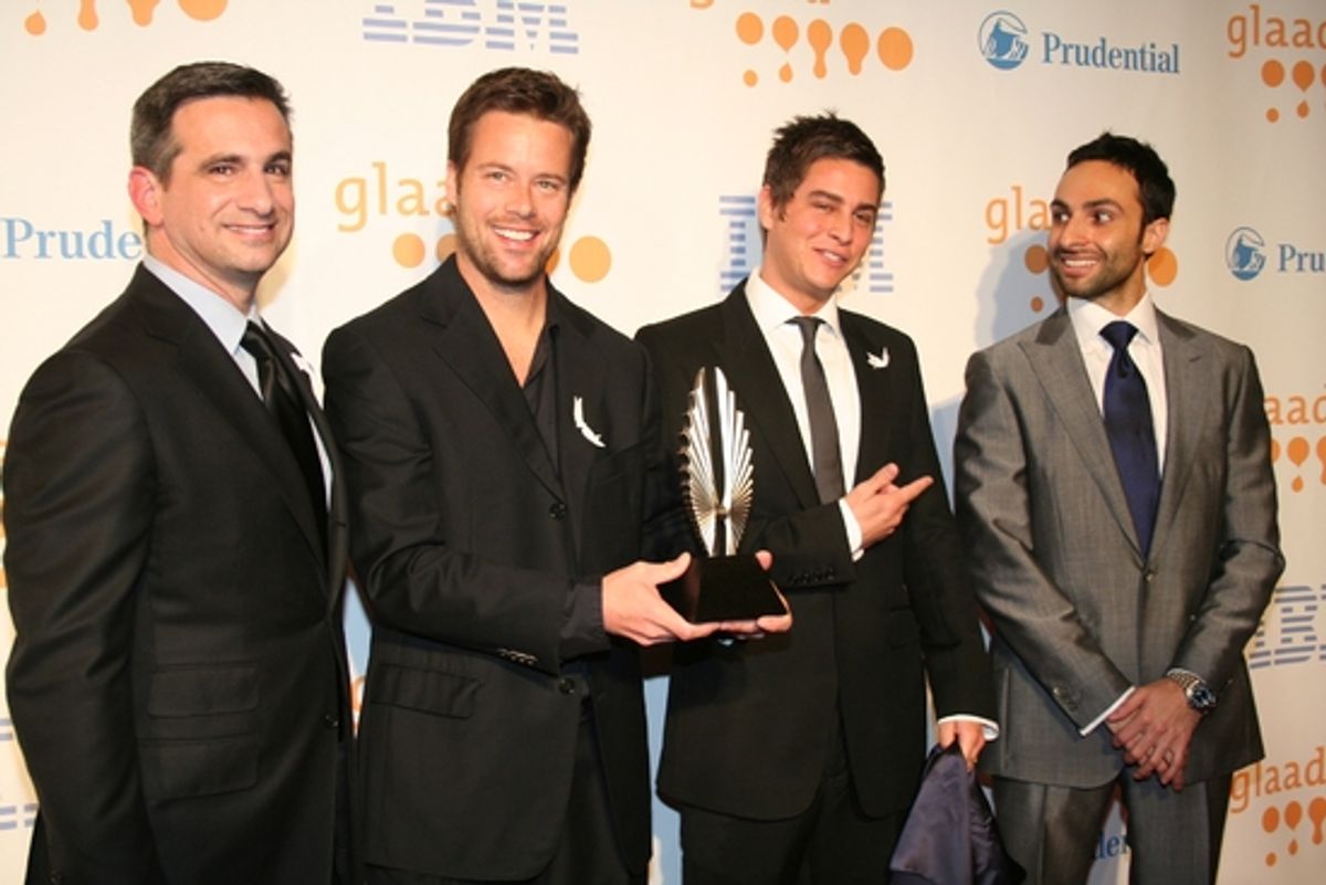 GLAAD President Neil Giuliano, Brad Rowe, Trevor Wright, David Moritz (CEO of Society Awards) unveil the newly redesigned GLAAD Media Awards statuette at 