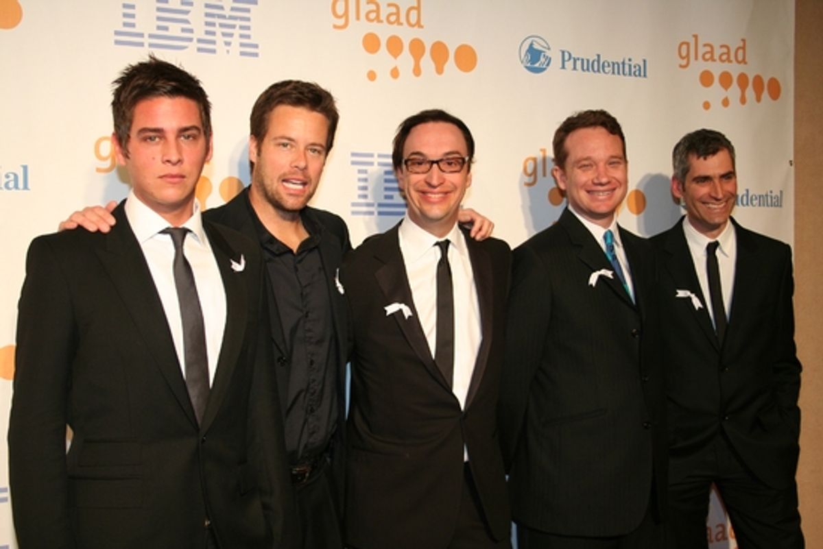 Trevor Wright, Brad Rowe, Paul Colichman (Chairman of Regent Entertainment), Jon Barrett (Editor-in-Chief, The Advocate), Aaron Hicklin (Editor-in-chief, OUT) at 