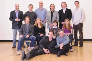 Front of group Brennan Brown, director Neil Pepe, seated, Joey Slotnick, Mary McCann, Photo