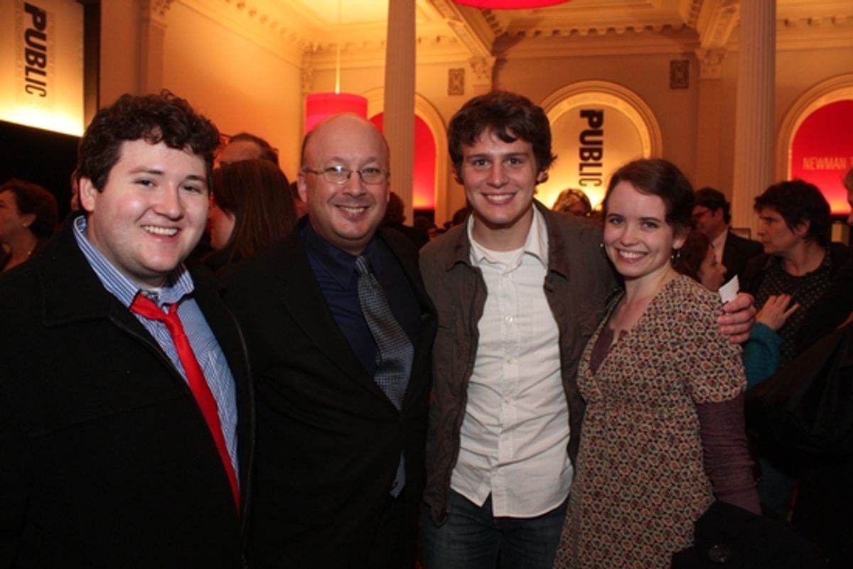 Executive Director of The Public Theater Andy Hamingson with three members of the original Spring Awakening cast (L-R): Brian Charles Johnson, Andrew D. Hamingson, Jonathan Groff, Phoebe Strole at 