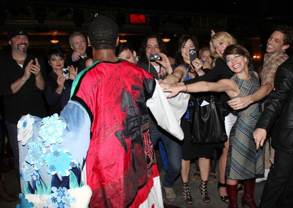 Adam Dannheisser, Constantine Maroulis, James Carpinello and the ensemble cheer Andre Ward Gypsy Robe win at 