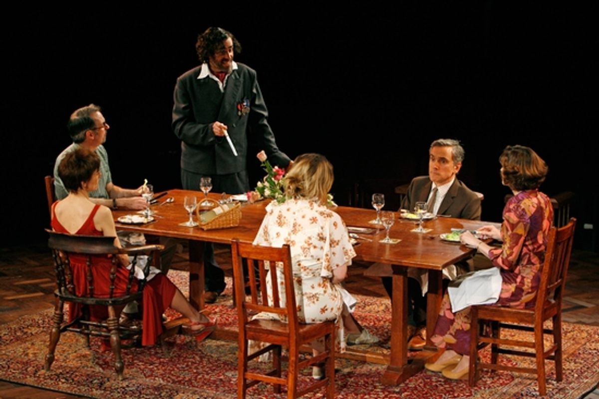 Stephen Mangan (standing) with (clockwise) Ben Miles, Amanda Root, Jessica Hynes, Amelia Bullmore and Paul Ritter at 