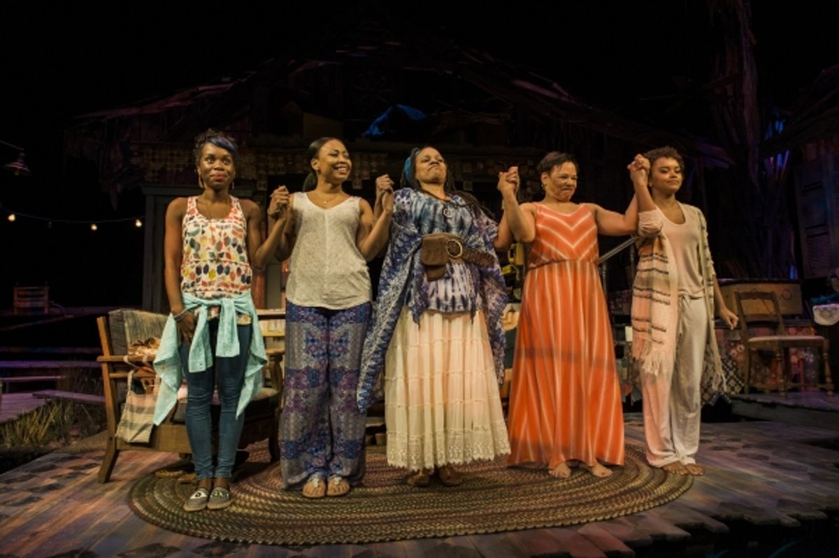 The cast of THE BLOOD QUILT takes their bows during curtain call on opening night. Pictured: Afi Bijou as Zambia, Nikiya Mathis as Cassan, Tonye Patano as Clementine, Caroline Clay as Gio and Meeya Davis as Amber. at 