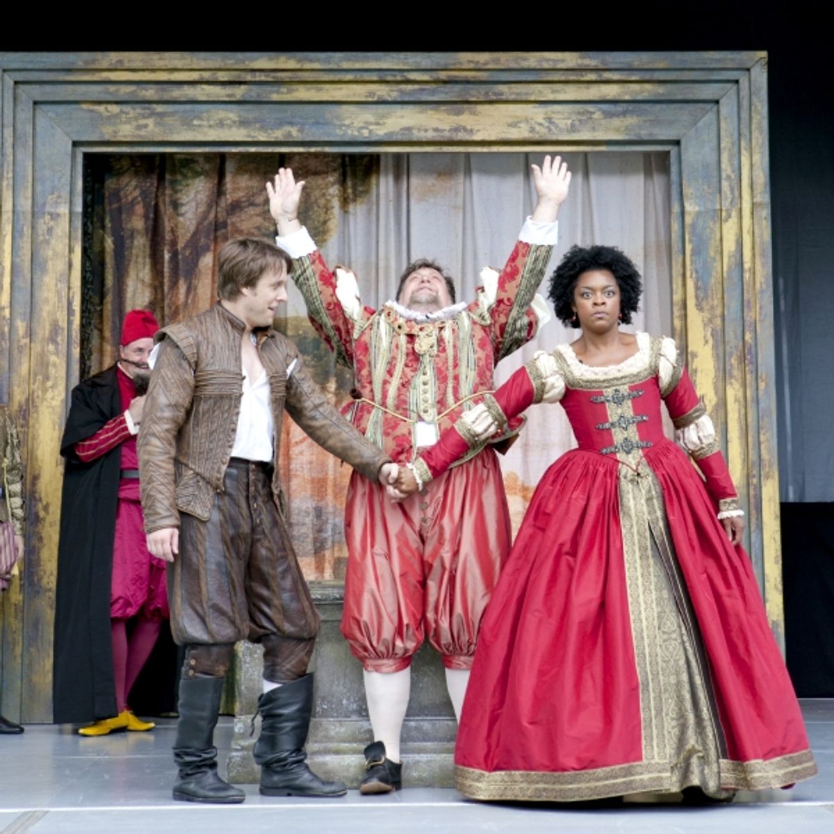 Baptista Minola (Robert Joseph Miller) pronounces a match between his daughter Katherina (Ericka Ratcliff) and Petruchio (Matt Mueller) as Gremio (Mick Weber ) looks on. at 
