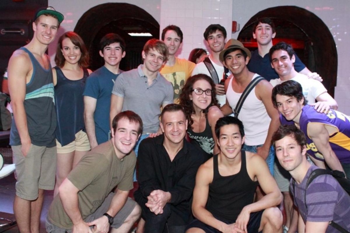  Stephen Bienskie and Jenn Harris surrounded by the cast of NEWSIES at 