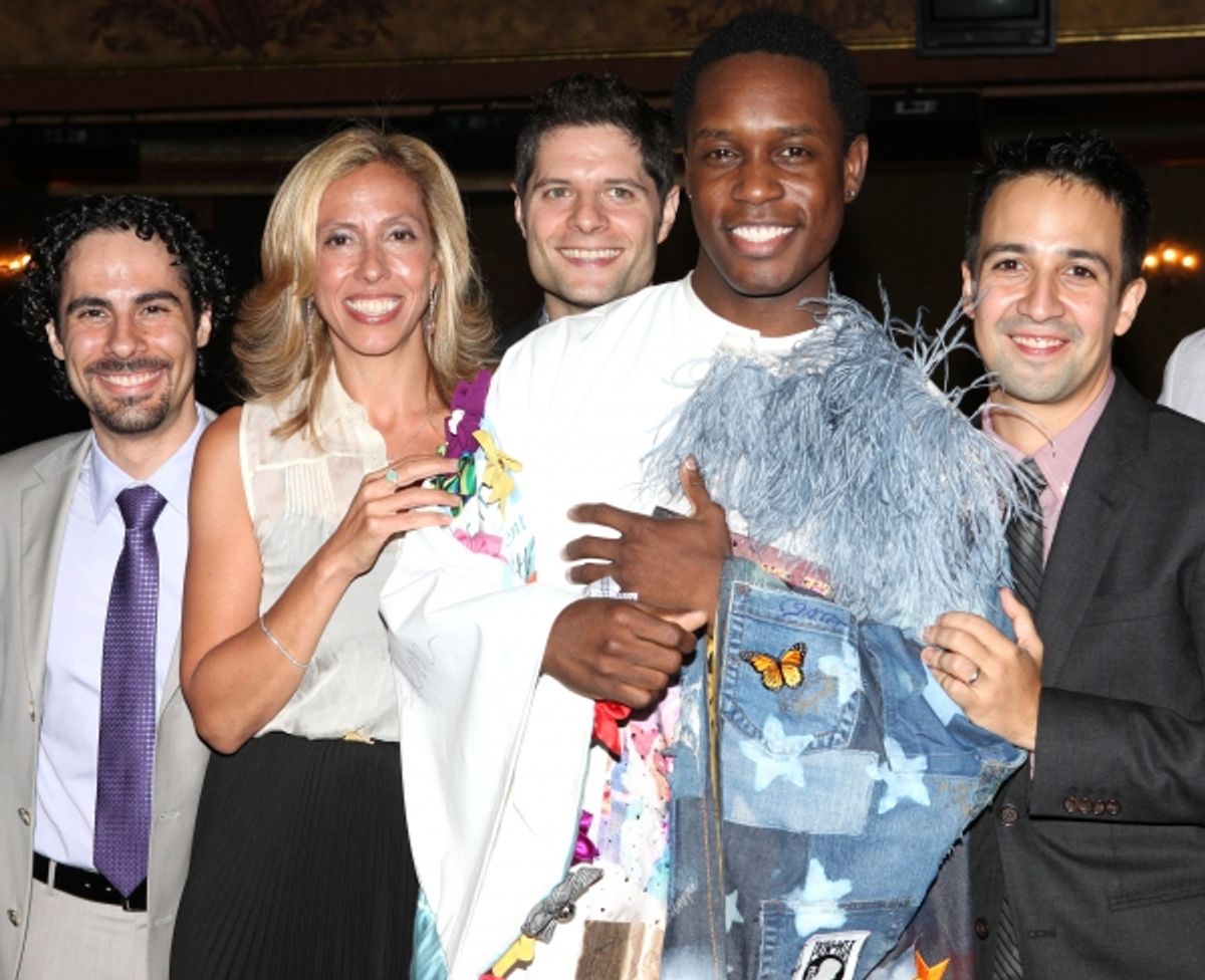 Alex Lacamoire, Amanda Green, Tom Kitt, Lin-Manuel Miranda with Rod Harrelson (Gypsy Robe Recipient) at 