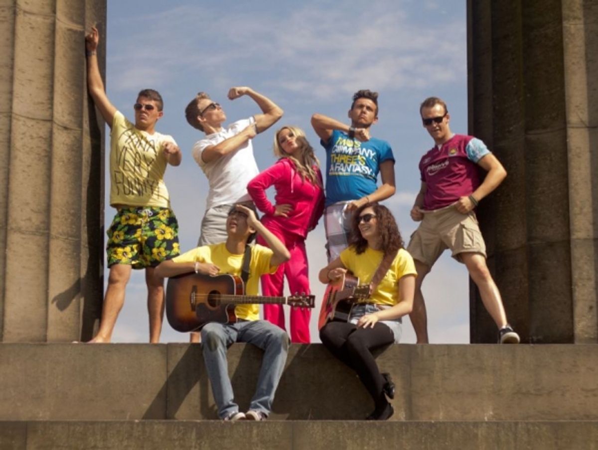 Glenn Adamson (Blue t-shirt), Jamie Barnard (White T-Shirt), Michael Fletcher (Yellow T-Shirt), Joshua Meredith (West Ham T-Shirt), Hayley Hampson (Pink)  Kobi Pham (male guitarist),  Emily Linden (female guitarist) at 