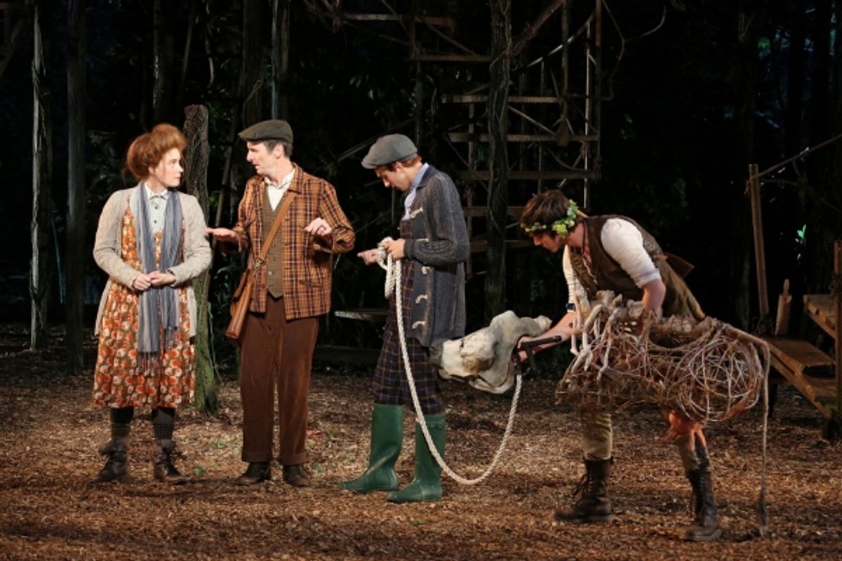 Amy Adams, Denis O'Hare, Gideon Glick, and Johnny Newcomb in the Shakespeare in the Park production of Into the Woods, directed by Timothy Sheader with co-direction by Liam Steel, running as part of The Public Theater's 50th Anniversary season at The Dela at 