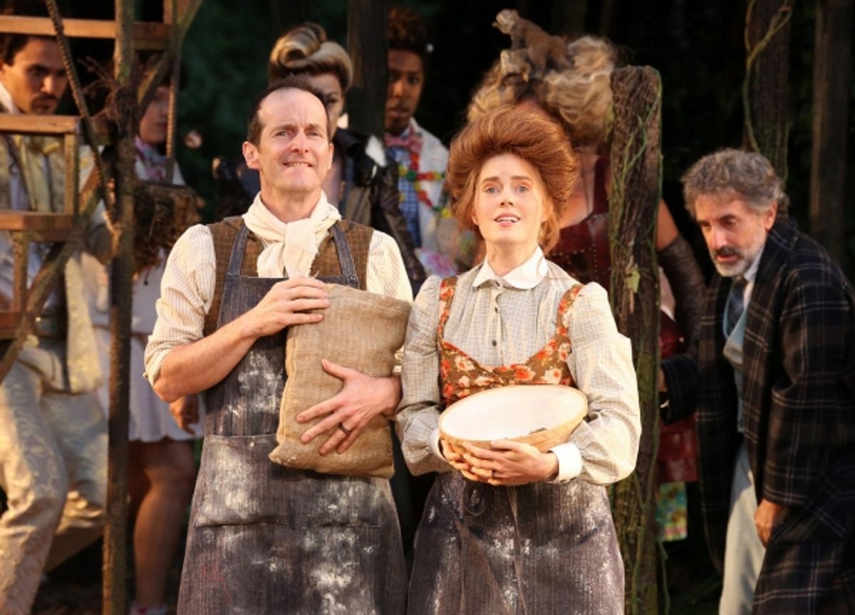 Denis O'Hare and Amy Adams (center) and the cast of the Shakespeare in the Park production of Into the Woods, directed by Timothy Sheader with co-direction by Liam Steel, running as part of The Public Theater's 50th Anniversary season at The Delacorte, Ju at 
