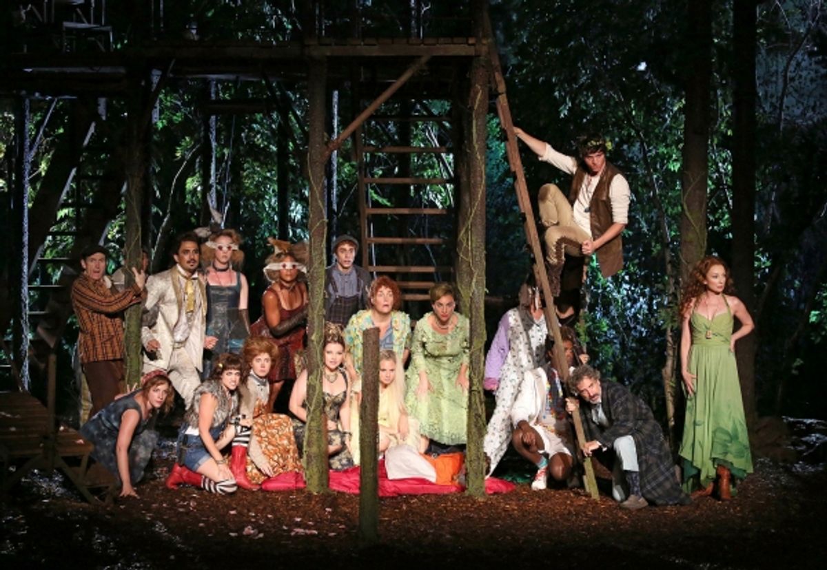 The cast of the Shakespeare in the Park production of Into the Woods, directed by Timothy Sheader with co-direction by Liam Steel, running as part of The Public Theater's 50th Anniversary season at The Delacorte, July 24 - September 1. Photo Credit: Joan  at 