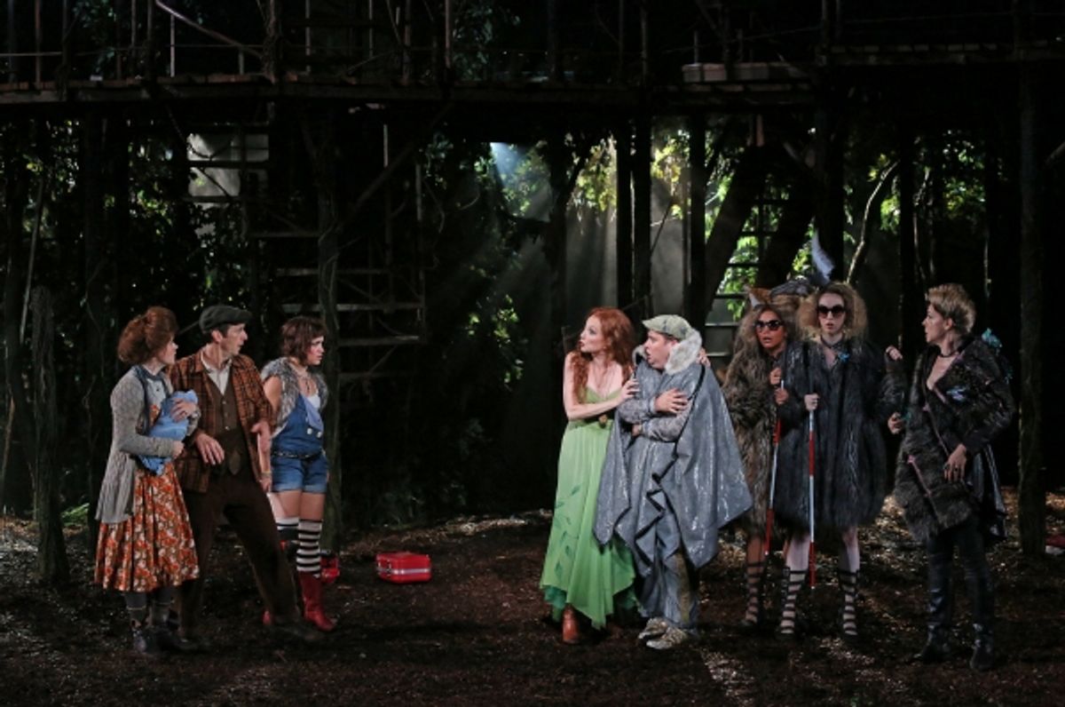 The cast of the Shakespeare in the Park production of Into the Woods, directed by Timothy Sheader with co-direction by Liam Steel, running as part of The Public Theater's 50th Anniversary season at The Delacorte, July 24 - September 1. Photo Credit: Joan  at 