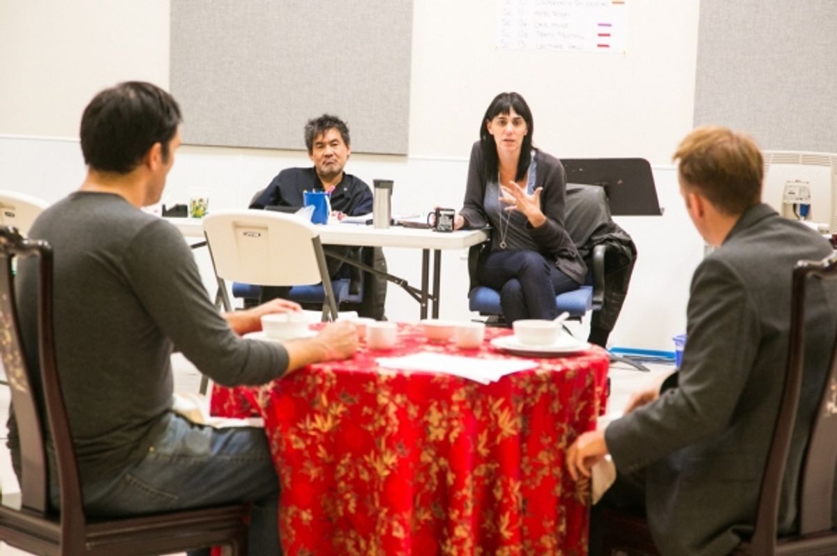 At Berkeley Rep, Tony Award-winning playwright David Henry Hwang and Obie Award-winning director Leigh Silverman lead a rehearsal for Chinglish, a new comedy having its West Coast premiere here before heading for Hong Kong. at 