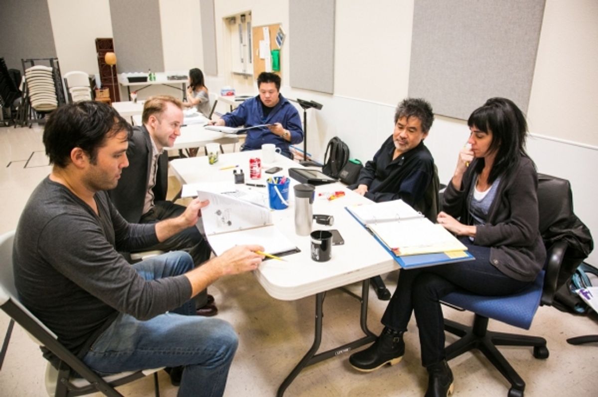 Actors Brian Nishii and Alex Moggridge rehearse with David Henry Hwang and Leigh Silverman at 