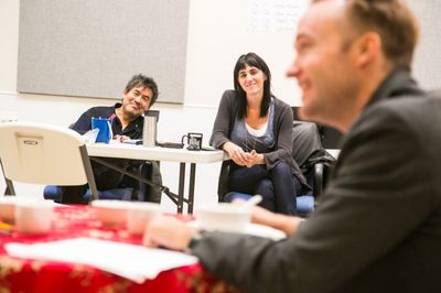 Alex Moggridge rehearses with Leigh Silverman and David Henry Hwang Photo