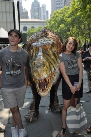 Corey Cott and Kara Lindsay with Field Station:Dinosaurs' 15-foot T-Rex @ BroadwayWorld Corey Cott and Kara Lindsay with Field Station:Dinosaurs' 15-foot T-Rex Photo