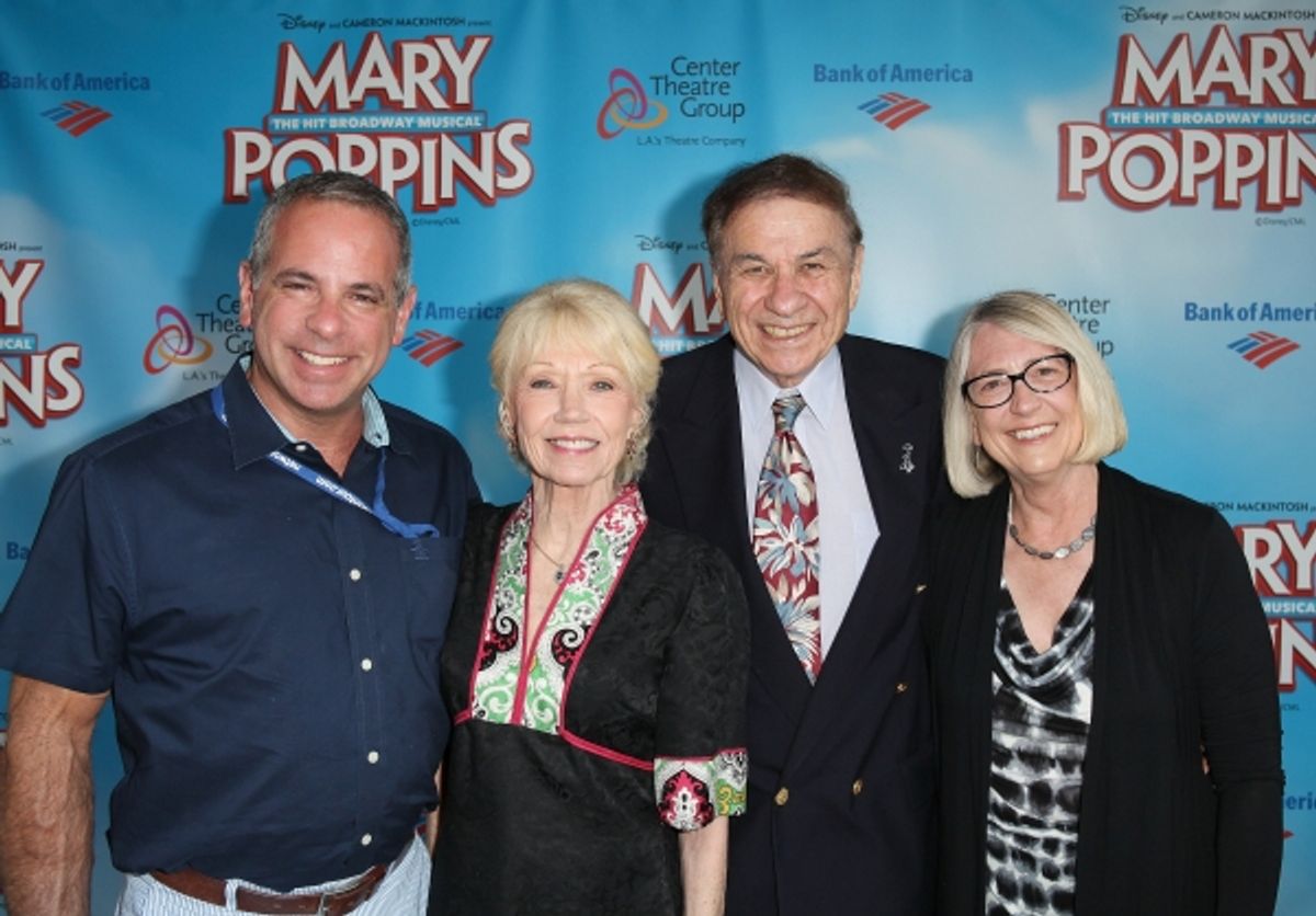 Jack Eldon, VP Domestic, Disney Theatrical Productions; Elizabeth Sherman; Richard M. Sherman, composer and Pam Young, director creative development, Disney Theatrical Group pose during the arrivals.
 at 