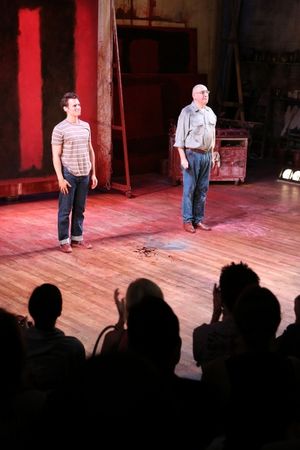 Cast members Jonathan Groff, left, and Alfred Molina, right, bow at the curtain call  Photo