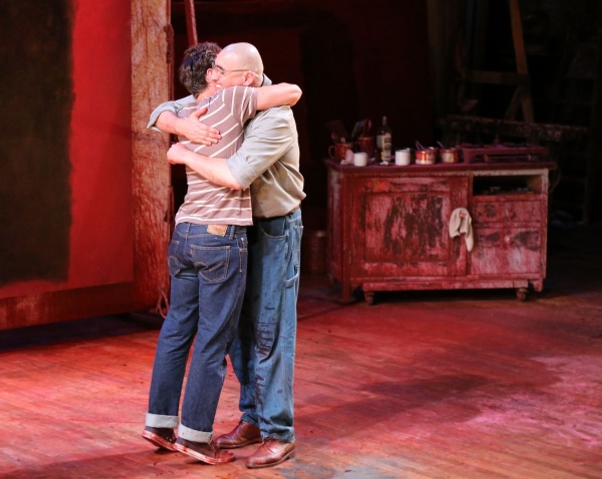 Cast members Jonathan Groff, left, and Alfred Molina, right, hug at the curtain call after the opening night performance of 'Red' at the Center Theatre Group/Mark Taper Forum on Sunday,  Aug. 12, 2012, in Los Angeles, Calif. (Photo by Ryan Miller/Capture  at 