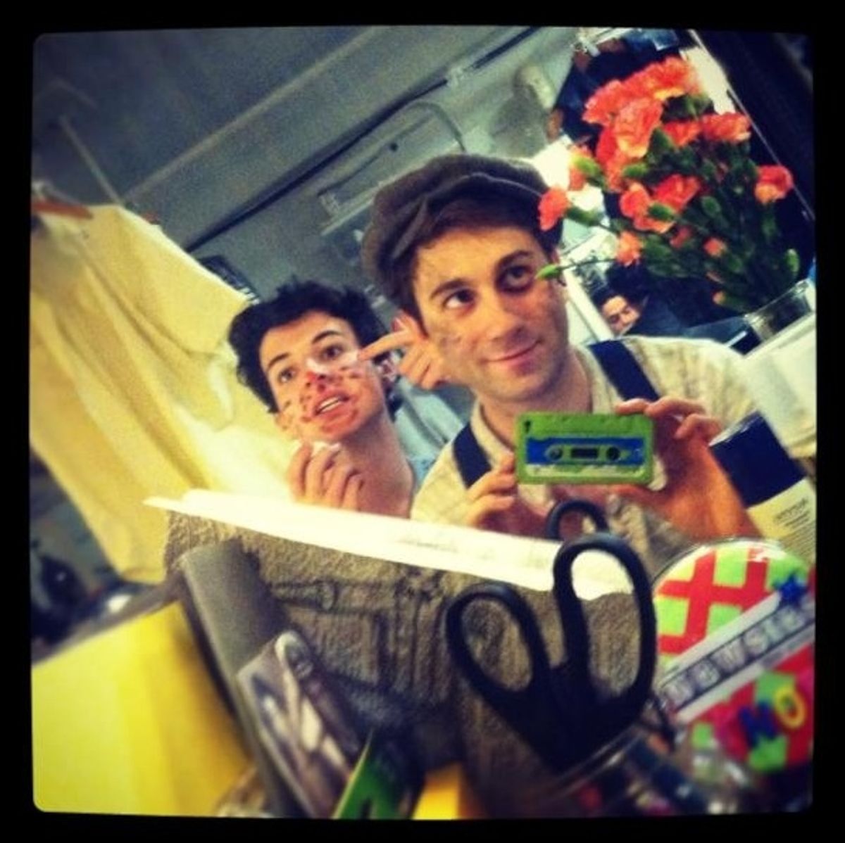 NEWSIES' Michael Fatica Ã¢â‚¬Âand Company @michaelfatica Delancey #SIP ...me looking lovingly at flower from Catie Boland, and @JackJackScott doing...cat makeup? #swinglove http://pic.twitter.com/caHxszWa at 