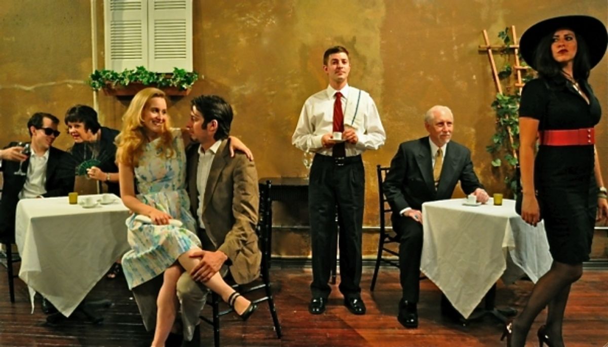 L-R:  Ligurio (Broderick Ballantyne), Sostrata (Linda Suttle), Lucrezia (Emily March), Callimaco (Chris Medina), Siro (Mike Martinkus), Messer Nicia (Carmine DePaulo), Una donna (Laura Lounge) at 