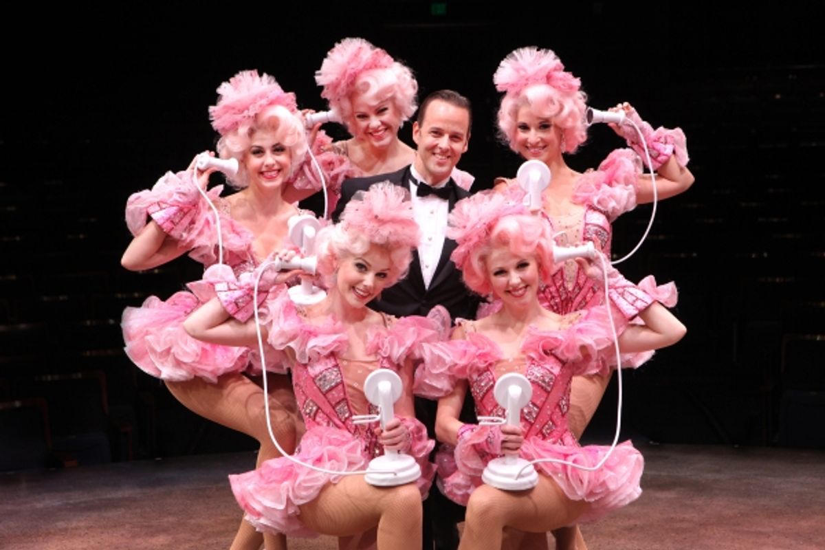 Noah Racey as Bobby Child surrounded by ensemble (right, clockwise) Robin Masella, Kristen J. Smith, Bradley Benjamin, Alexa Glover and Kim Arnett  at 