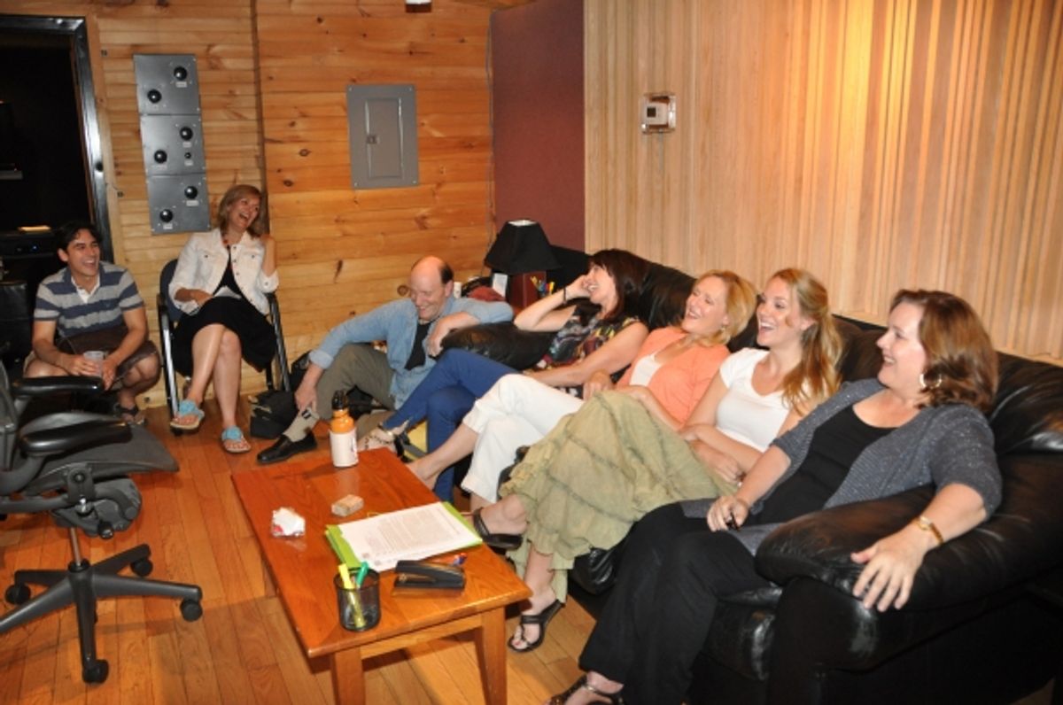 Sean MacLaughlin, Karen Mason, Michael Howard Jones, Maree Johnson, Donna English, Analisa Leaming and Mary Van Arsdel listening to the playback at 