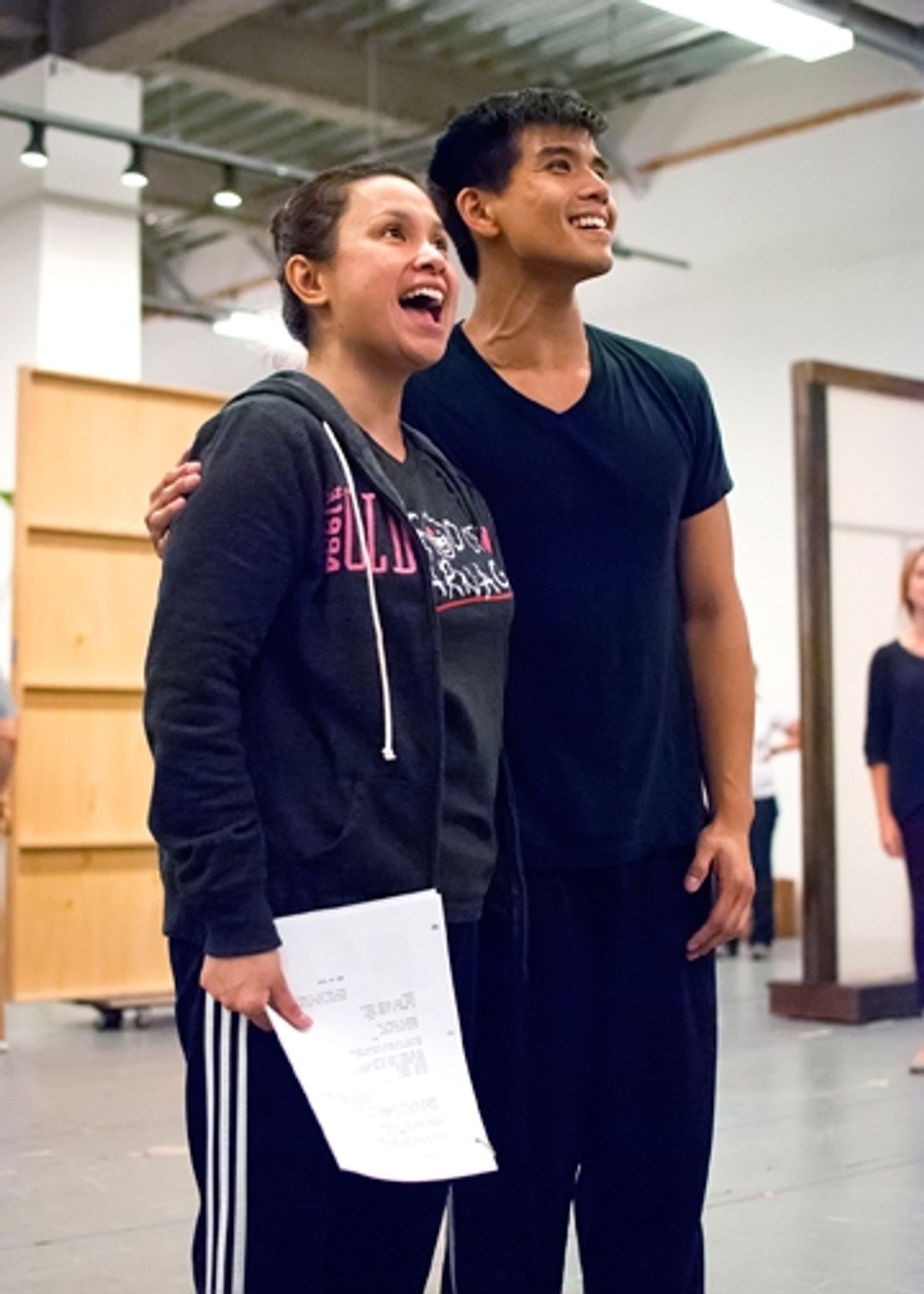 (from left) Lea Salonga and Telly Leung in rehearsal for Allegiance - A New American Musical at The Old Globe in San Diego, California. The World Premiere of Allegiance, with music and lyrics by Jay Kuo and book by Marc Acito, Kuo and Lorenzo Thione, dire at 