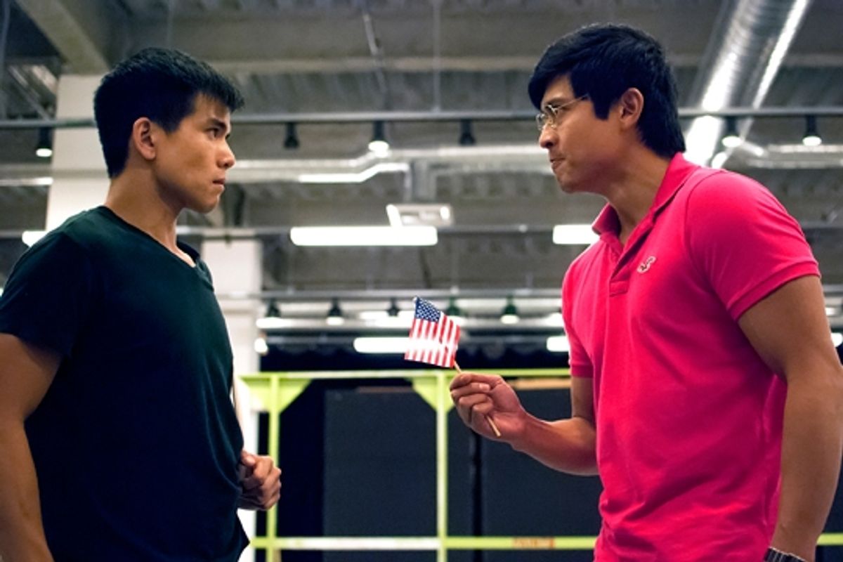 (from left) Telly Leung and Paolo Montalban in rehearsal for Allegiance - A New American Musical at The Old Globe in San Diego, California. The World Premiere of Allegiance, with music and lyrics by Jay Kuo and book by Marc Acito, Kuo and Lorenzo Thione,  at 