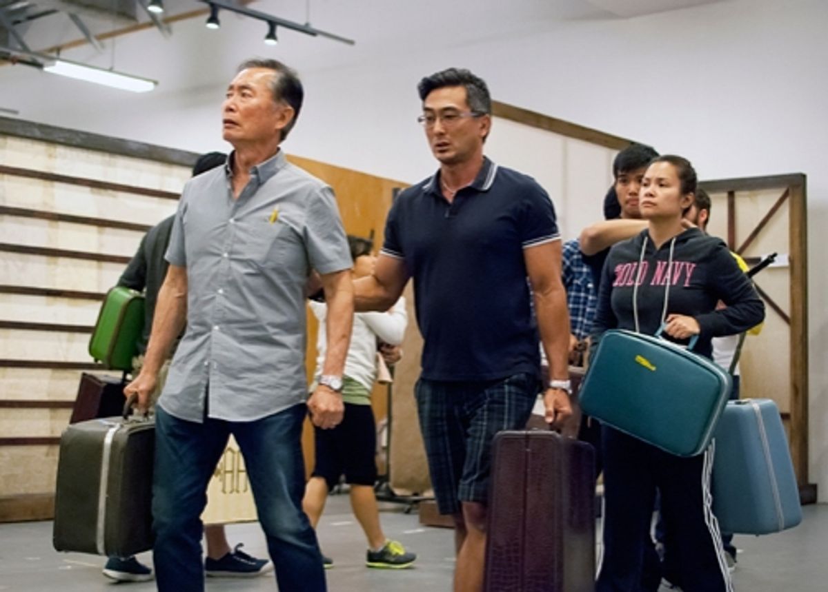 (from left) George Takei, Paul Nakauchi, Telly Leung and Lea Salonga in rehearsal for Allegiance - A New American Musical at The Old Globe in San Diego, California. The World Premiere of Allegiance, with music and lyrics by Jay Kuo and book by Marc Acito, at 