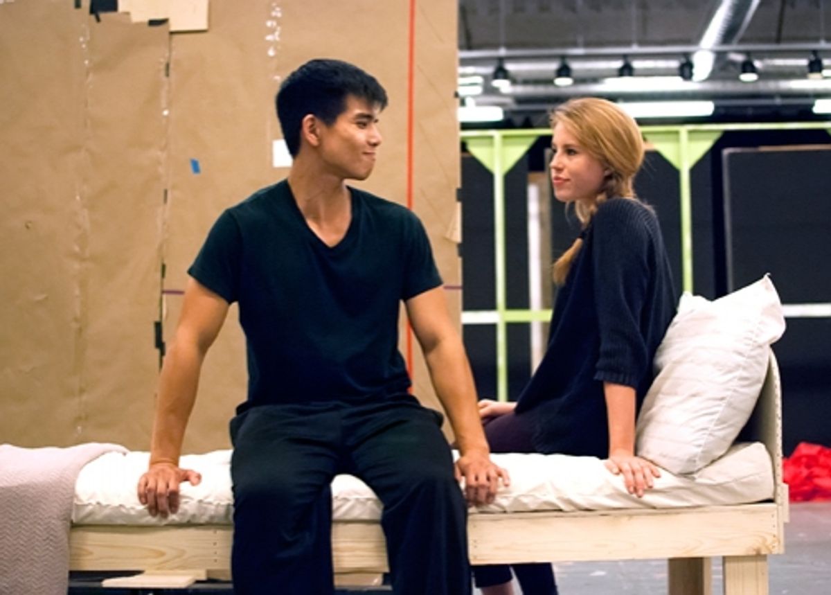 (from left) Telly Leung and Allie Trimm in rehearsal for Allegiance - A New American Musical at The Old Globe in San Diego, California. The World Premiere of Allegiance, with music and lyrics by Jay Kuo and book by Marc Acito, Kuo and Lorenzo Thione, dire at 