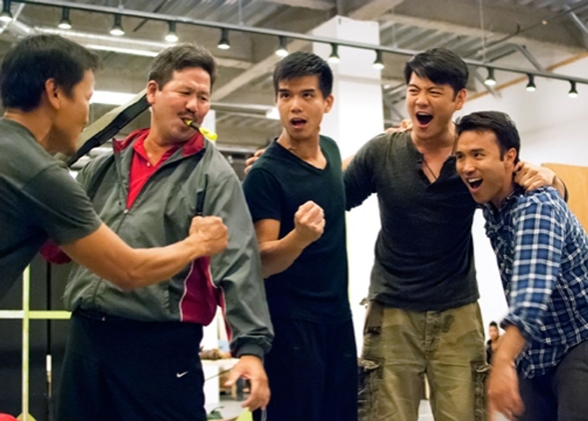 (from left) Jon Jon Briones, Scott Watanabe, Telly Leung, Karl Josef Co and Marc de la Cruz in rehearsal for Allegiance - A New American Musical at The Old Globe in San Diego, California. The World Premiere of Allegiance, with music and lyrics by Jay Kuo  at 