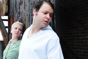 Angie Atkinson and Douglas Sharf sneak away from The Judge as Jo and Ant Knee, who are the central characters of Barbicide's cautionary tale. @ BroadwayWorld Angie Atkinson and Douglas Sharf sneak away from The Judge as Jo and Ant Knee, who ar Photo