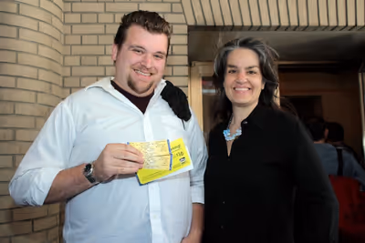 Pam MacKinnon with the first fan in line Photo