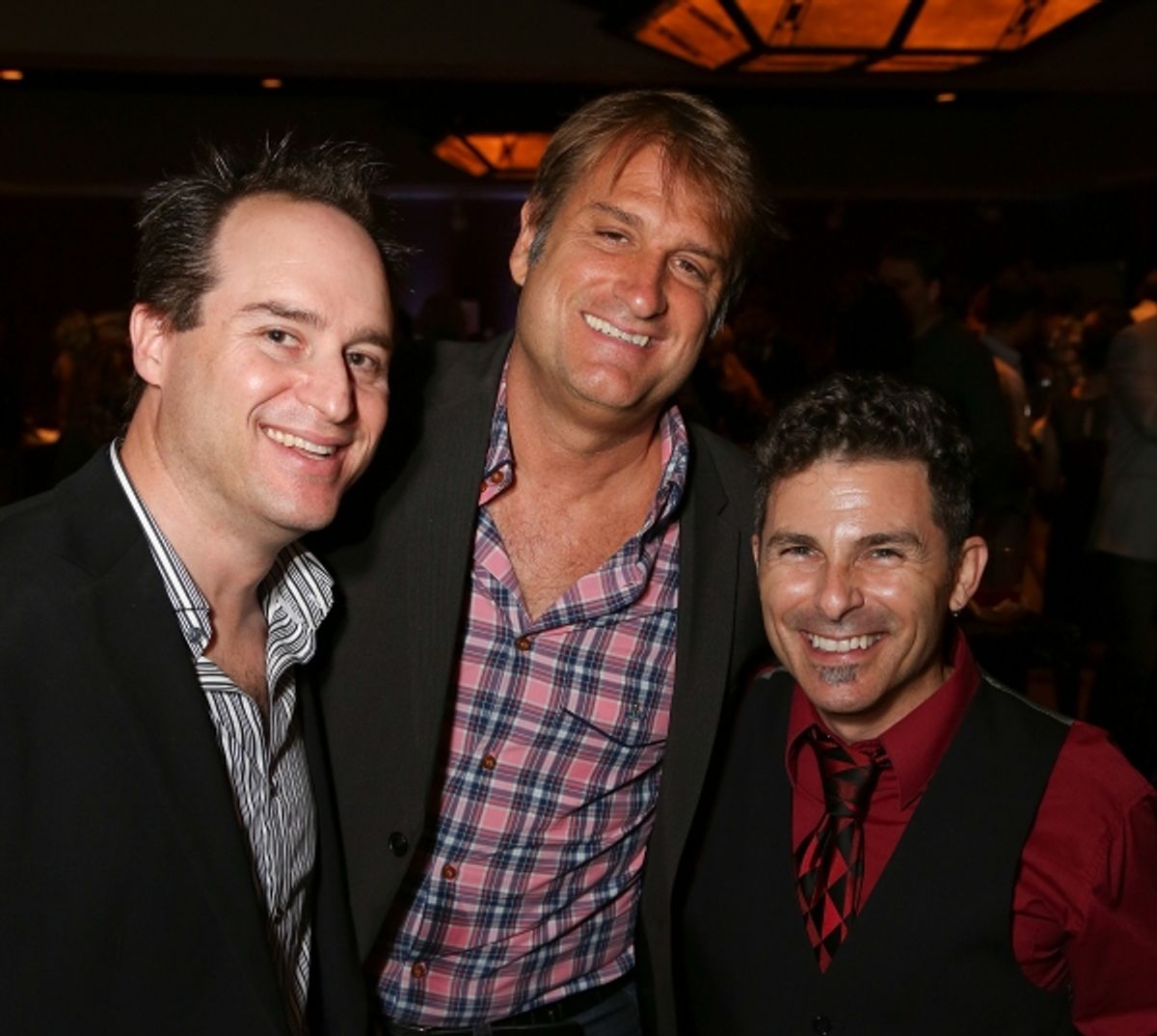 From left, Brian Kite, Producing Artistic Director La Mirada Theatre for the Performing Arts, Director/Choreographer Jeff Calhoun and Nick DeGruccio pose during the party for the opening night performance of 'Jekyll & Hyde' The Musical at the La Mirada Th at 