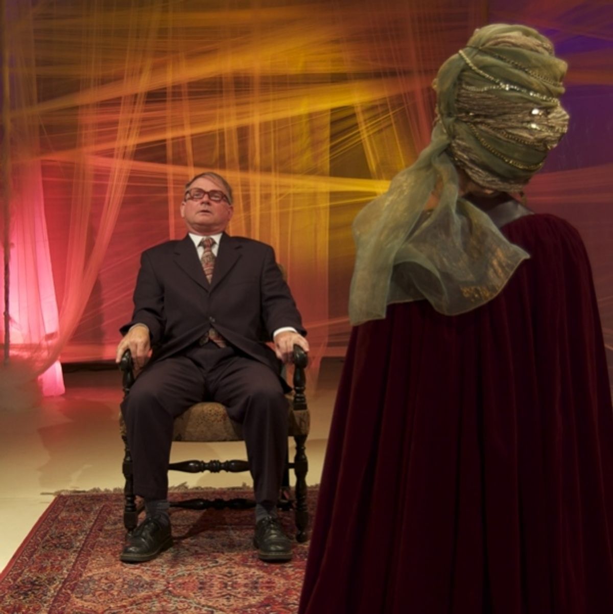 Seanjohn Walsh is Richard Milhous Nixon's analyst in session with Mary Ewald as Metatron, the Recording Angel, in Paradise. at 