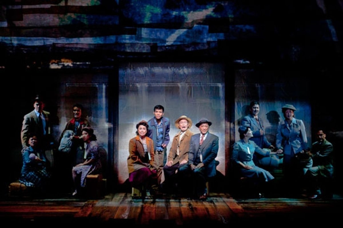 Lea Salonga, Telly Leung as Sammy Kimura, George Takei as Ojii-san and Paul Nakauchi as Tatsuo Kimura with the cast of the World Premiere of Allegiance - A New American Musical, with music and lyrics by Jay Kuo and book by Marc Acito, Kuo and Lorenzo Thi at 